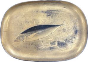 Antique Japanese Meiji period lacquered letter tray decorated with tuna fish, approximate