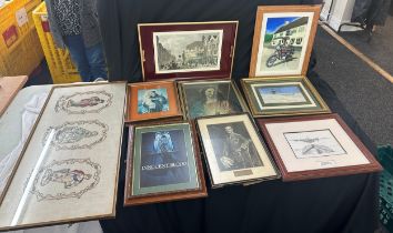 Large selection of assorted pictures and prints, includes Air craft, embroidery etc, largest