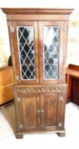 Solid oak glazed corner cabinet, approximate measurements: Height 73 inches, Width 32 inches,