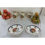 Set 3 Utopia Staffordshire graduated jugs, 2 fruit ornaments, 2 fruit bowls by Sovereign china