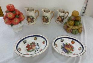 Set 3 Utopia Staffordshire graduated jugs, 2 fruit ornaments, 2 fruit bowls by Sovereign china