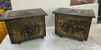 2 Vintage brass coal boxes on casters, largest measures approximately 15 inches tall 20inches wide
