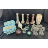 Selection of miscellaneous to include candle sticks, Malin vase, glass paper weights, pottery etc