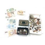 Selection of vintage english and foreign bank notes and coins