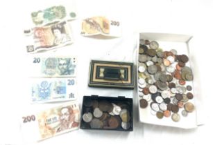 Selection of vintage english and foreign bank notes and coins