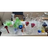 Large selection of assorted glassware to include coloured glass pieces, jugs, glasses, bowl etc