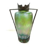 Antique Art Nouveau glass vase with bronze fittings, Approximate height 42cm, Possibly Loetz