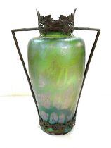 Antique Art Nouveau glass vase with bronze fittings, Approximate height 42cm, Possibly Loetz