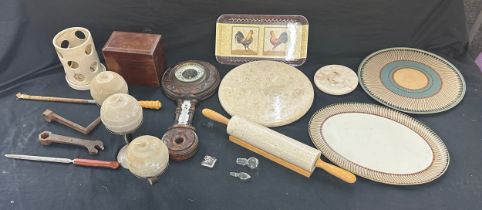 Selection of collectable items includes barometer, rolling pin, Denby trays etc