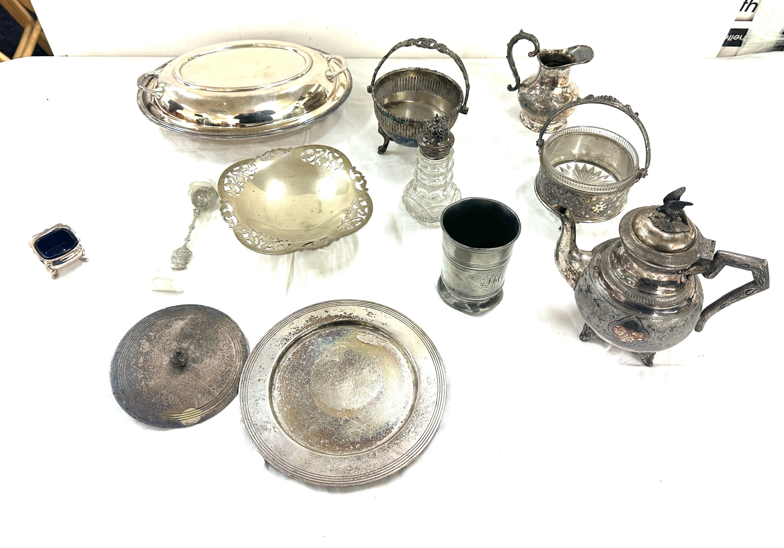 Selection of silver plated items include tea pots, trays etc