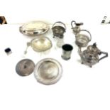 Selection of silver plated items include tea pots, trays etc
