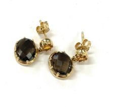 Pair of ladies 9ct gold smokey quartz and stone set earrings 4.6 grams