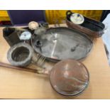 Large selection of metal ware items to include trays, copper bed pan, vases etc