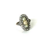 Art Deco 18ct gold and silver paste and pearl set ring, The shank marked 18ct, UK size O,