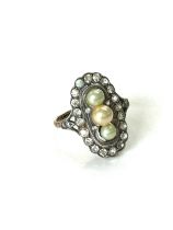 Art Deco 18ct gold and silver paste and pearl set ring, The shank marked 18ct, UK size O,