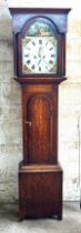 Oak grandfather clock, dial H Ayre, approximate measurements: Height 84 inches, Width 18 inches,