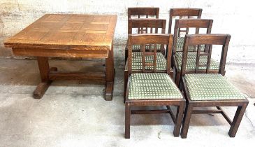 Oak draw leaf table and 6 chairs, Approximate measurements Height 30 inches, 36 inches square