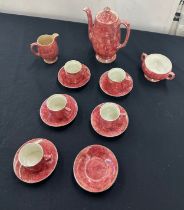 Pink Lustreware coffee set by Leighton Pottery comprising Coffee pot, milk jug, sugar bowl, 5 Cups