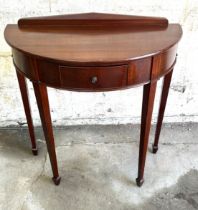 Mahogany half moon table with drawer, measures approximately Height 31 inches, Width 31 inches,