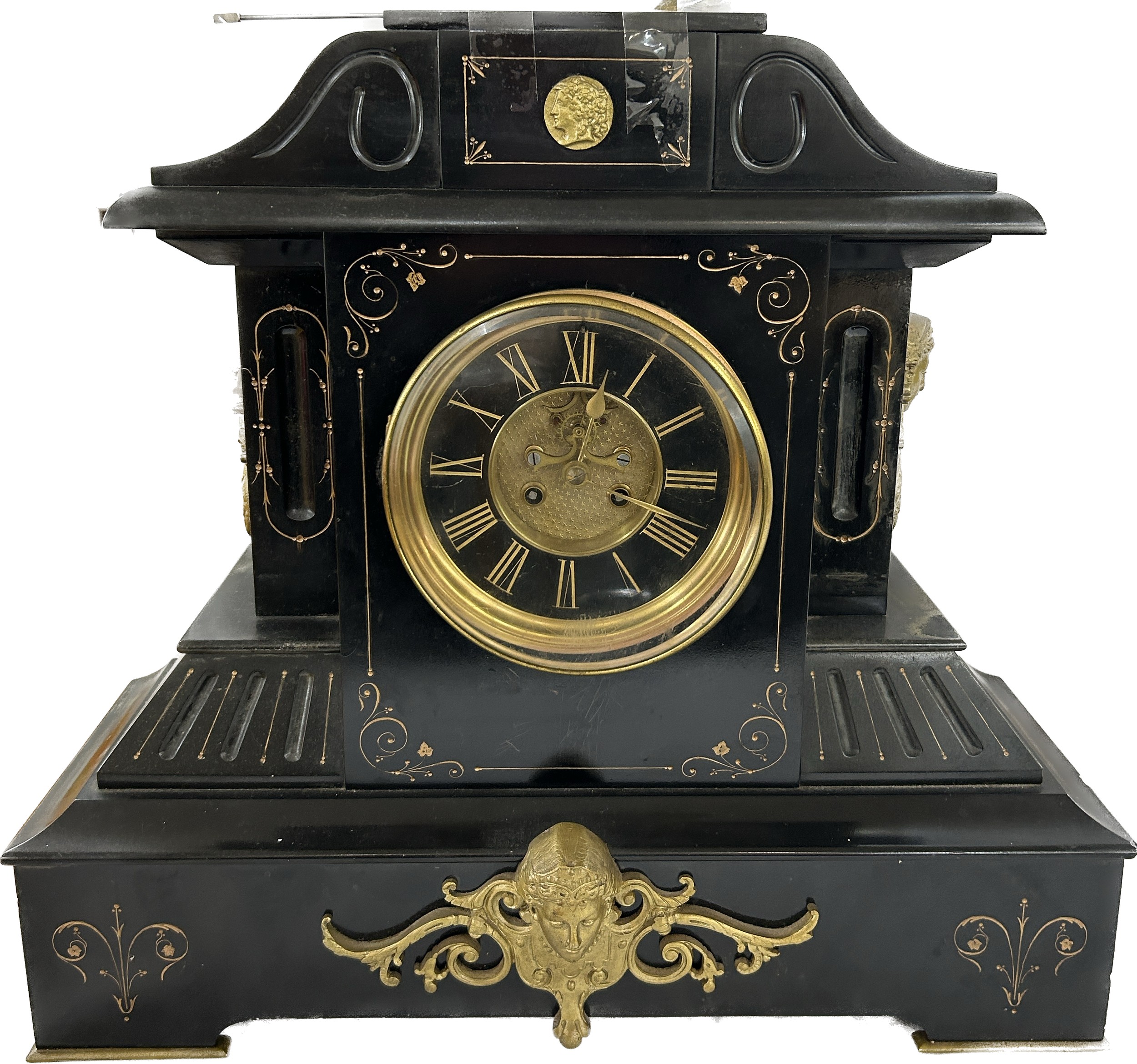 Large French slate clock with visible escapement, with key and pendulum, untested, approximate