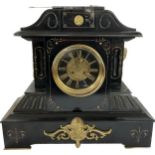 Large French slate clock with visible escapement, with key and pendulum, untested, approximate