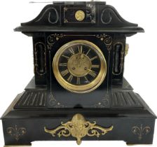 Large French slate clock with visible escapement, with key and pendulum, untested, approximate