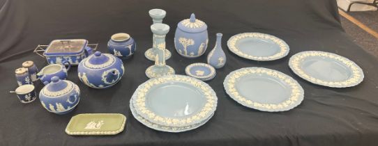 Large selection of wedgwood pottery includes tea pots vases, candle sticks etc