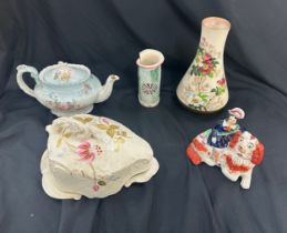 Selection of pottery items includes cheese dish, staffordshire figure, tea pot, vases etc