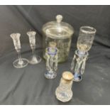 Selection of vintage and later glassware to include a silver top sugar shaker, Meredith and Drew
