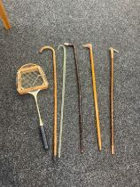 Selection of 5 vintage walking sticks includes glass, silver topped etc