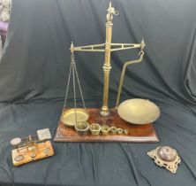 2 Sets of vintage brass scales includes post office scales and weights and a vintage shop counter