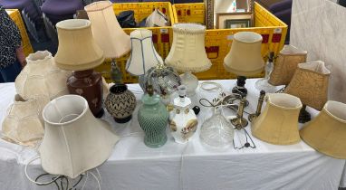 Large selection of vintage and later lamps and shades includes glass, pottery, brass etc
