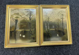 Pair of vintage oil on canvas in a gilt frame largest measures approx 23 inches high by 18 inches