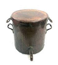 Large antique copper lidded stock pot with tap, no markings to base, overall measurements: Height