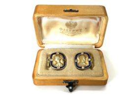 Vintage Russian silver gilt Faberge cufflinks in fitted box set with paste stones (one missing)