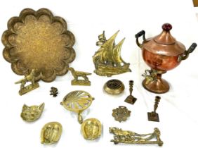 Selection of brassware to include tray, candlesticks, Copper samovar etc