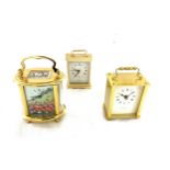 3 Brass carriage clocks includes Kingsley enamels, Jean pierre etc, untested