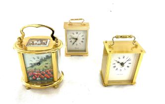 3 Brass carriage clocks includes Kingsley enamels, Jean pierre etc, untested