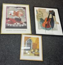 3 Framed prints depicting musical instruments by Rosina Wachtmeister frame measures approximately 25