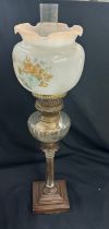 Vintage nelson column base oil lamp, complete with funnel and shade 26 inches tall