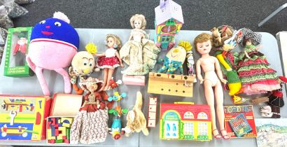 Box of vintage toys to include dolls, humpty dumpty, board games etc