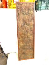 Thin hammered copper framed art work measures approximately 78 inches tall by 24 inches wide