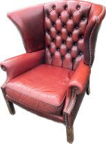 Ox blood chesterfield wingback chair, square leg