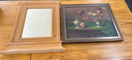 Pine mirror and a signed framed painting, molniey