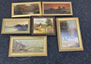 Quantity of vintage oil paintings on canvases, largest measures approximately 24 inches by 16.5