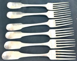 Six antique sterling silver Irish table forks, makers initials SN for Samuel Neville, hallmarks