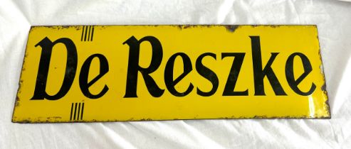 Vintage De Reszke enamel sign measures approximately 18 inches wide 6 inches tall