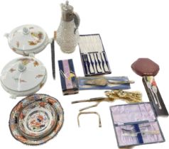 Selection of collectable items includes Claret jug, silver plated cutlery bowls, tureens etc