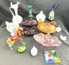 Selection of vintage and later coloured glassware to include hand painted vases etc
