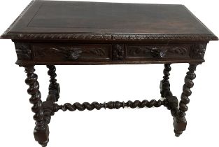 Antique oak two drawer heavily carved barley twist side table measures approx 30 inches tall by 39